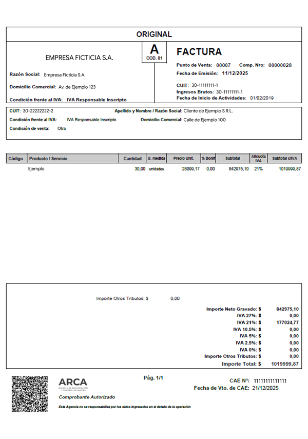 Ejemplo de factura clara y bien escaneada